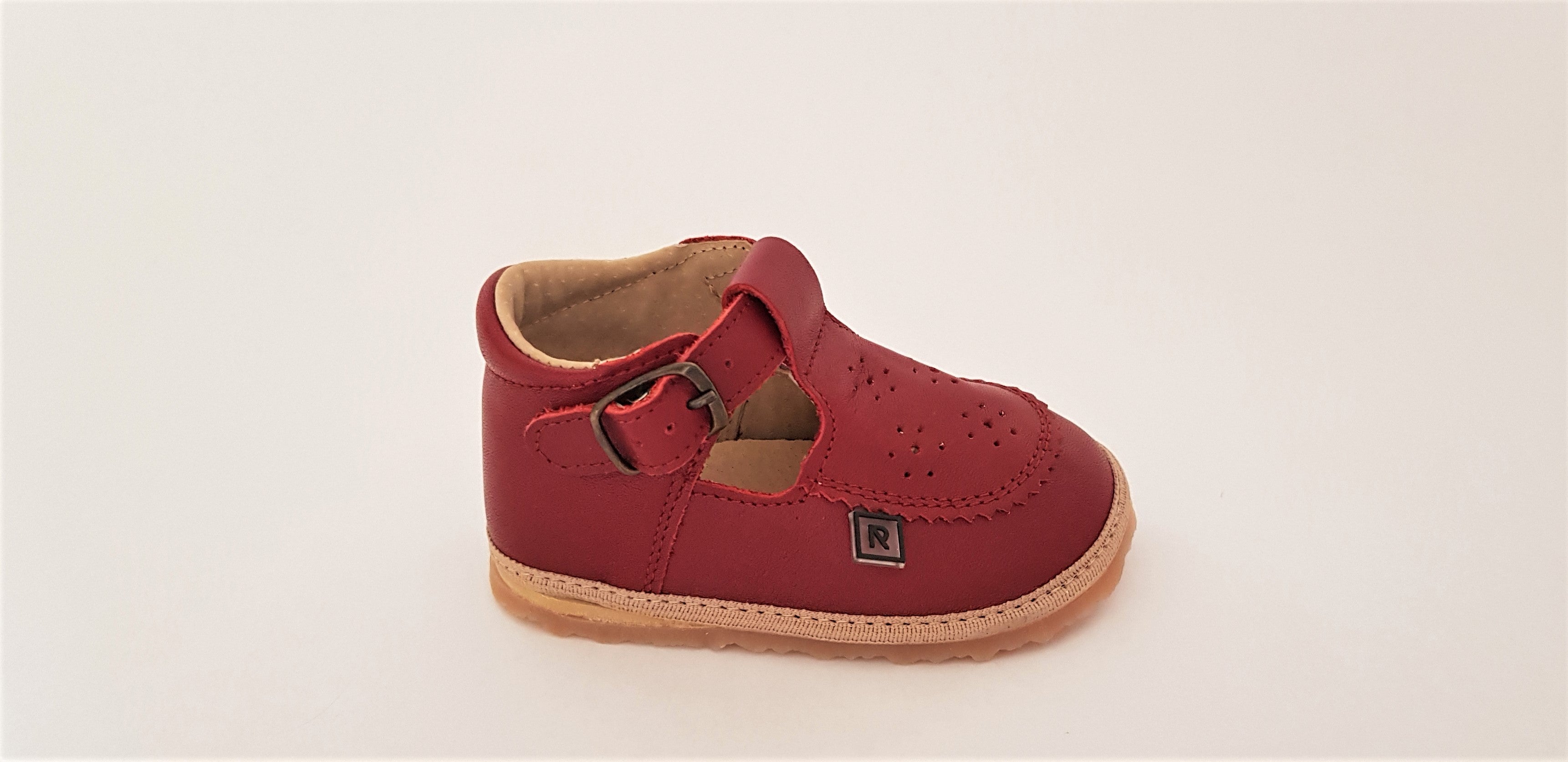 Vintage-style T-bar Dark Red Toddler First Walking Shoes with side Buckle fastening and anatomically shaped toe box
