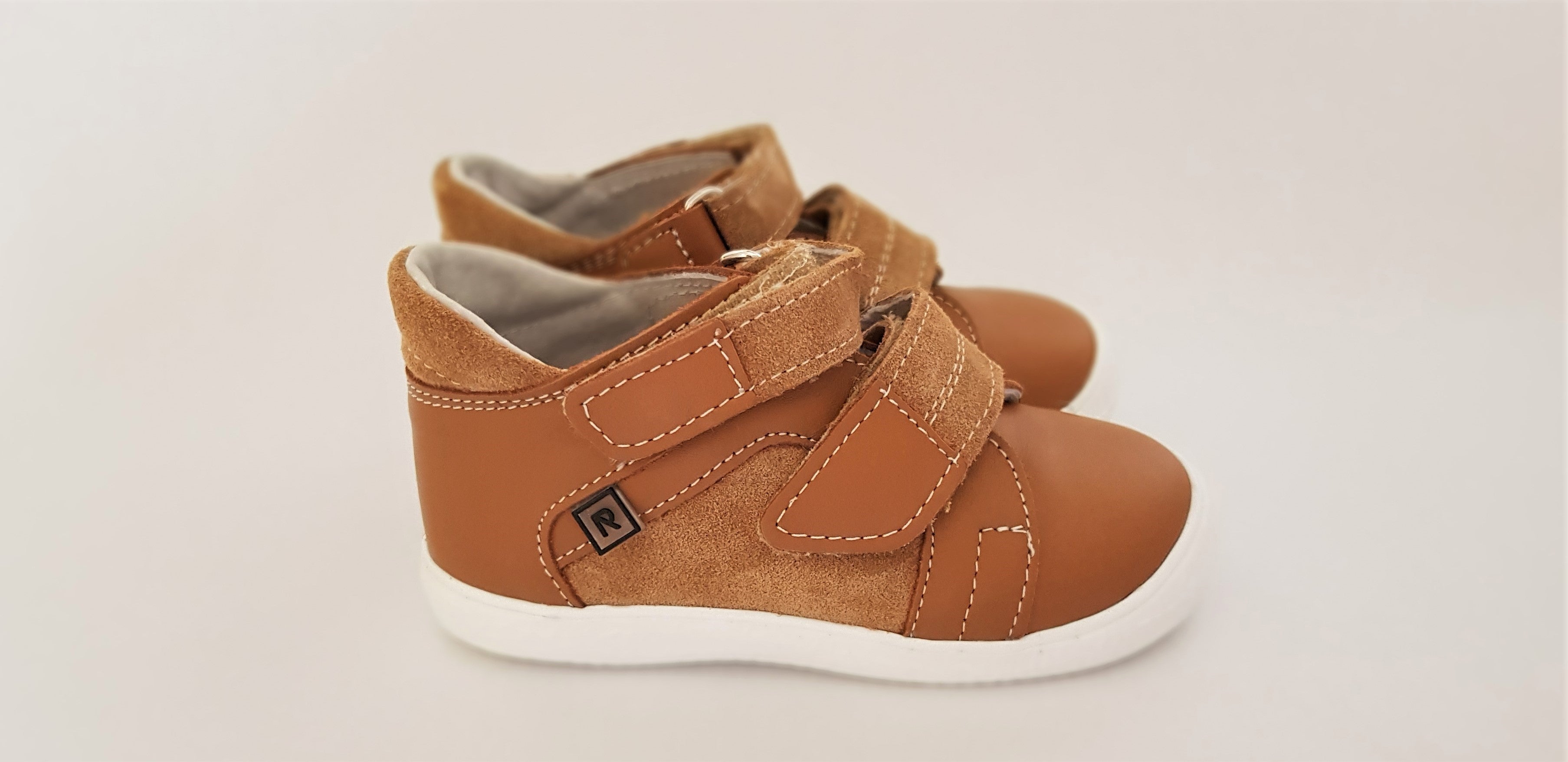 Light Brown Handmade Soft Leather Children's Shoes with hook-and-loop fasteners, round toe box and white sole