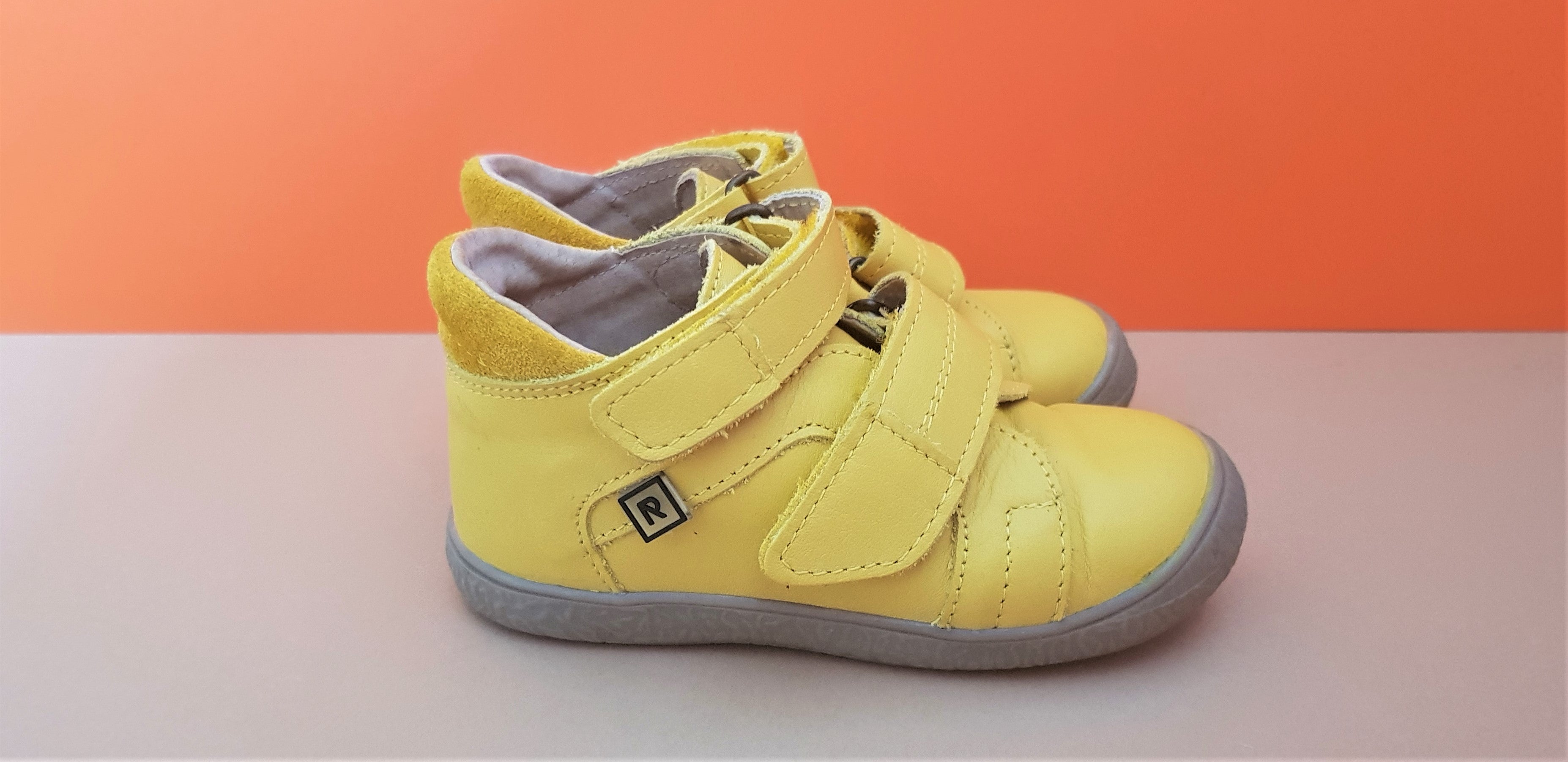 Yellow Handmade high-quality soft leather children shoes with brown sole, hook-and-loop fasteners and round toe box