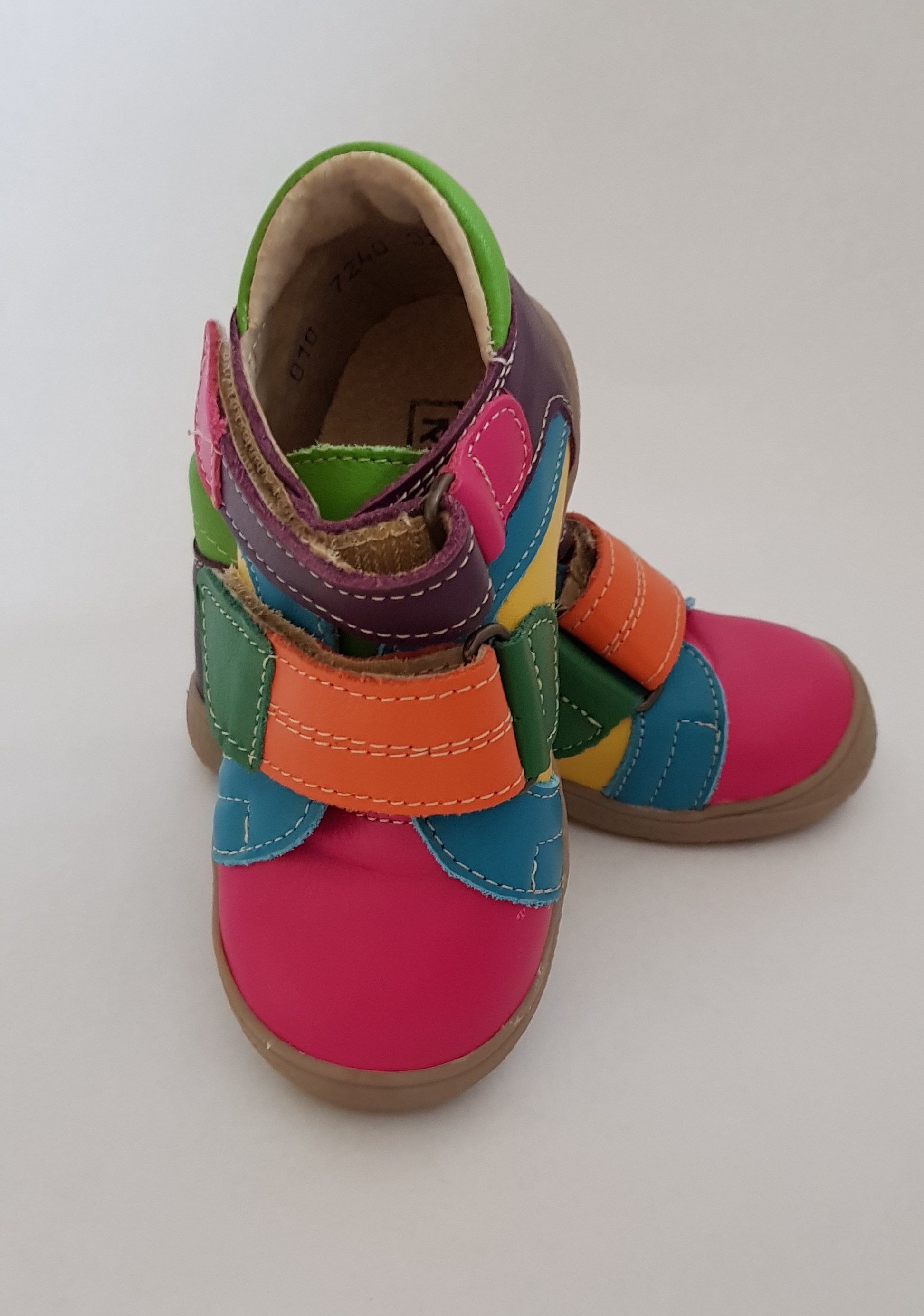 Colourful, Rainbow Handmade High-quality Children Shoes with brown sole, hook-and-loop fasteners and round toe box