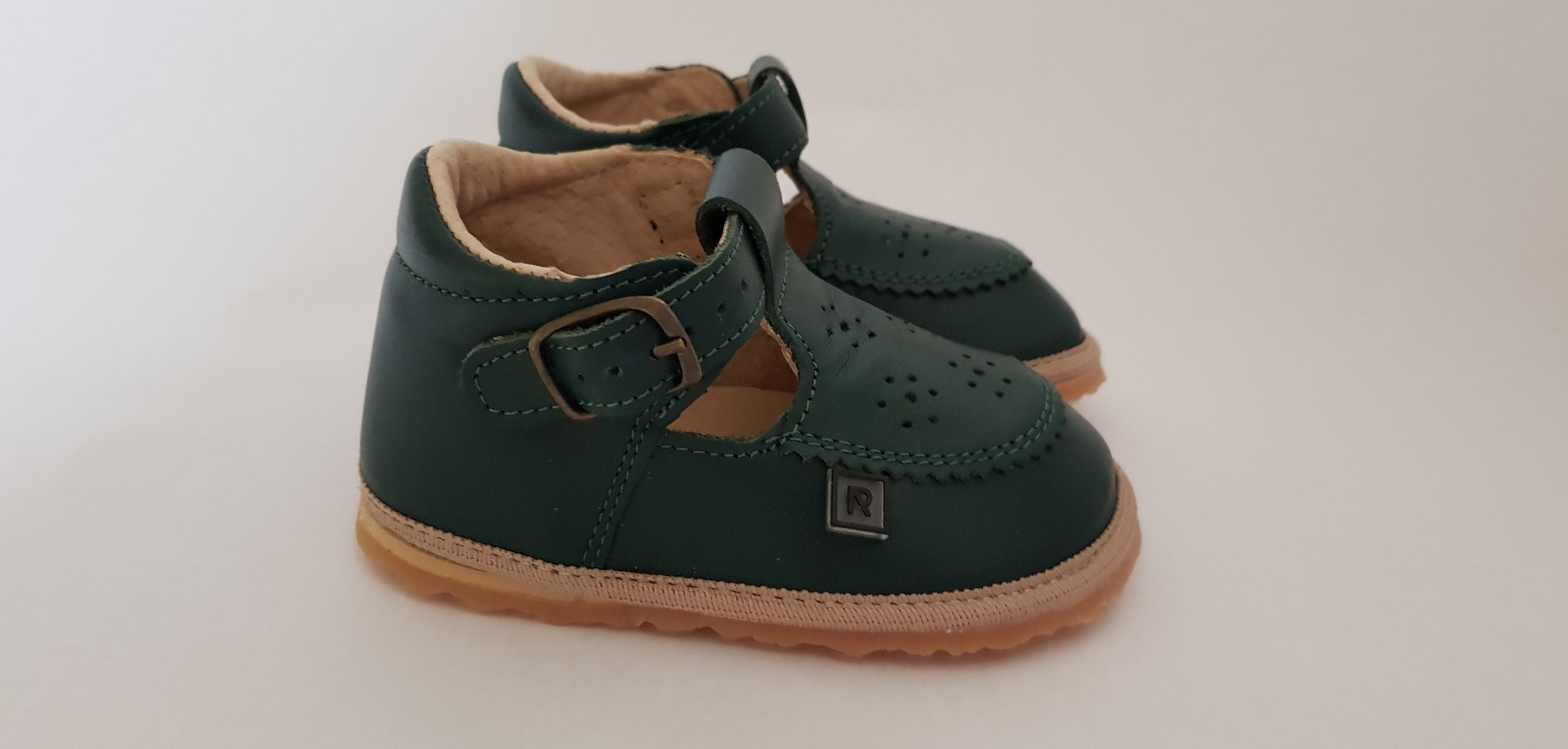 Vintage-style T-bar Dark Green Toddler First Walking Shoes with side Buckle fastening and anatomically shaped toe box