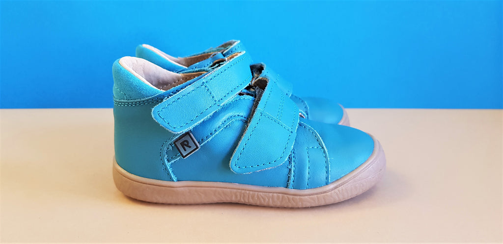 Turquoise Handmade High-quality Rak Children's Shoes with brown sole, hook-and-loop fasteners and round toe box