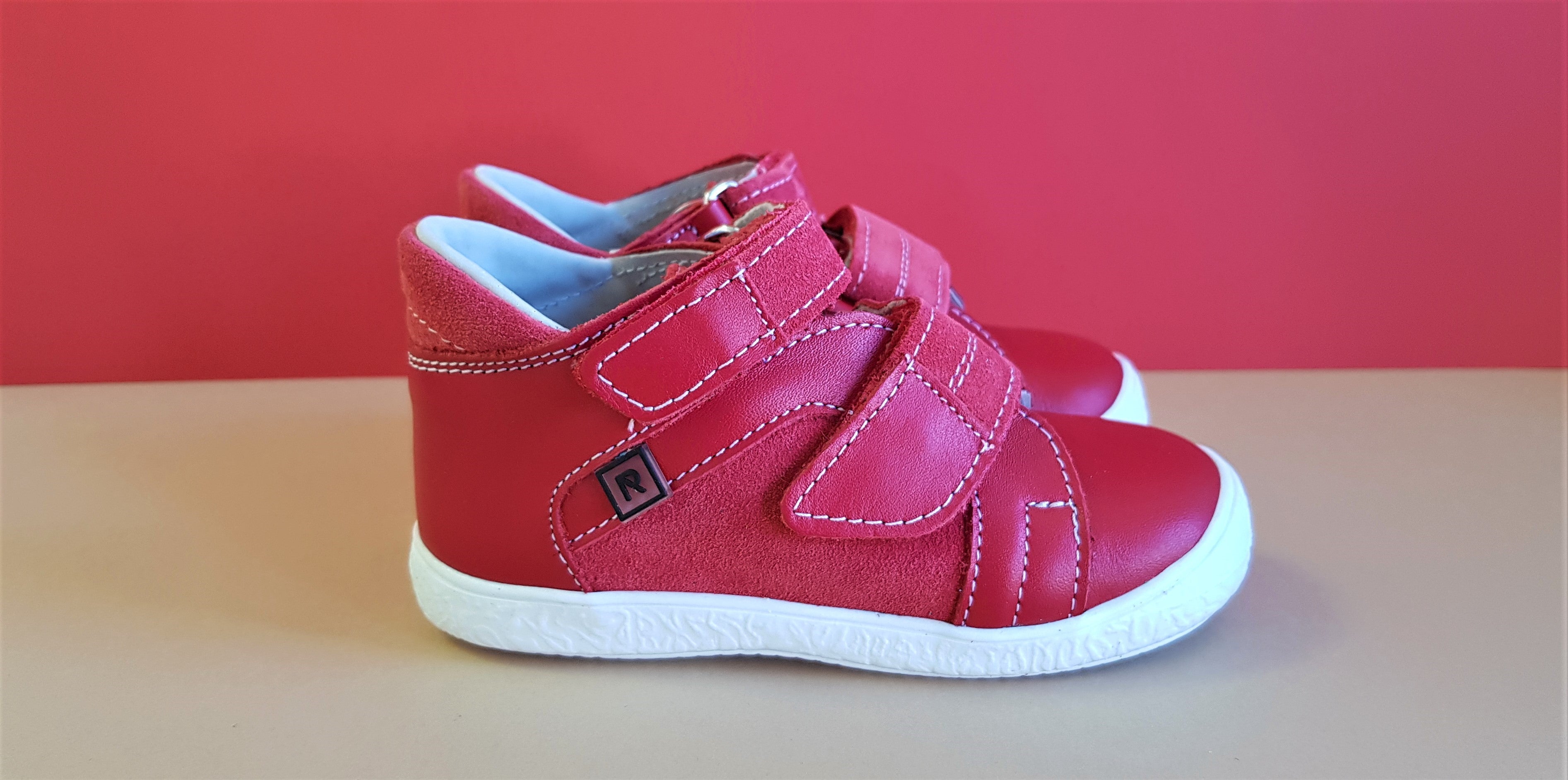 Red Handmade High-quality Rak Children's Shoes with white sole, hook-and-loop fasteners and round toebox