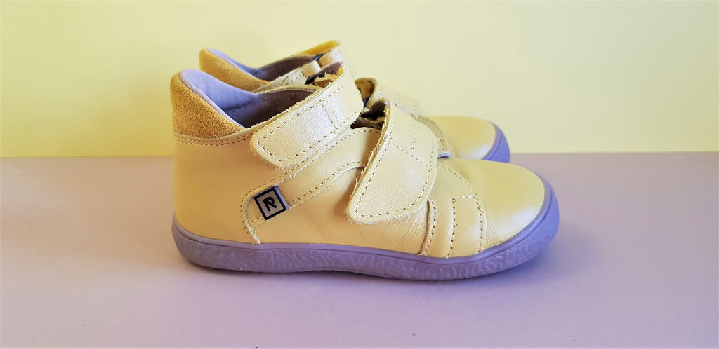 Yellow Handmade high-quality soft leather children's shoes with brown sole, hook-and-loop fasteners and round toe box
