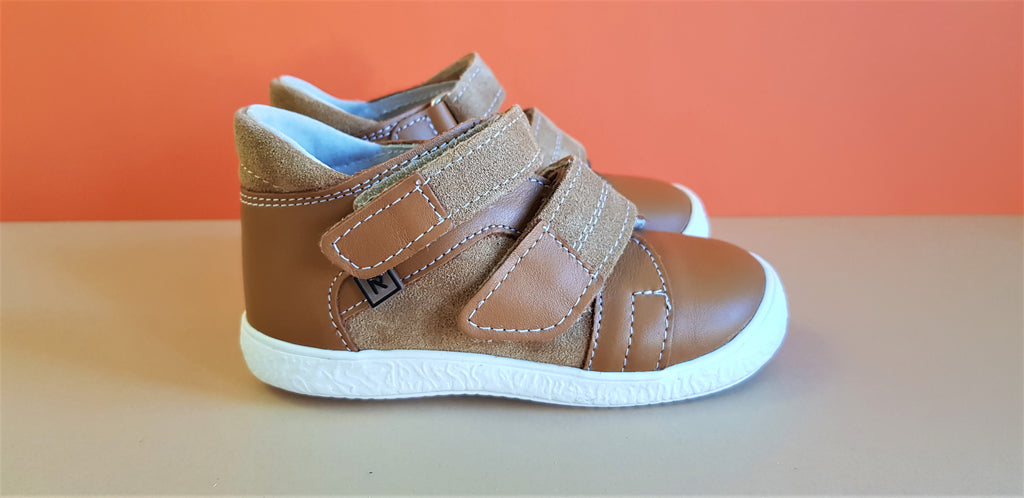 Light Brown Handmade Soft Leather Rak Children's Shoes with hook-and-loop fasteners, round toe box and white sole