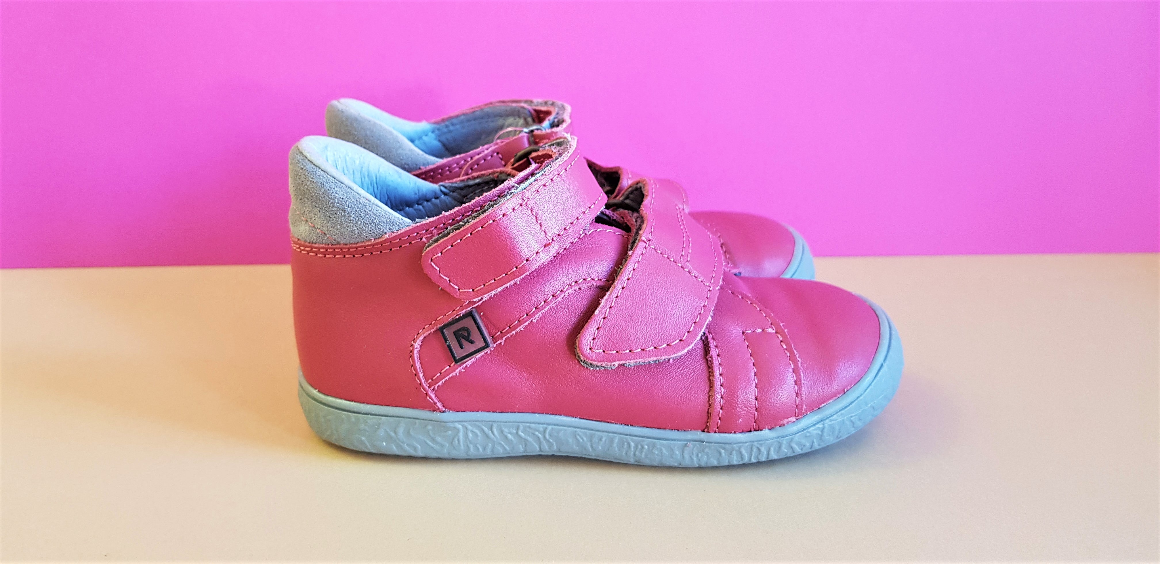 Pink Handmade High-quality Rak Children's Shoes with grey sole, hook-and-loop fasteners and round toe box