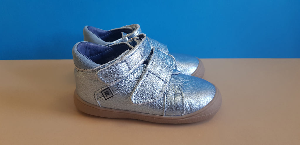 Metallic Blue Handmade High-quality Children Shoes with brown sole, hook-and-loop fasteners and round toe box