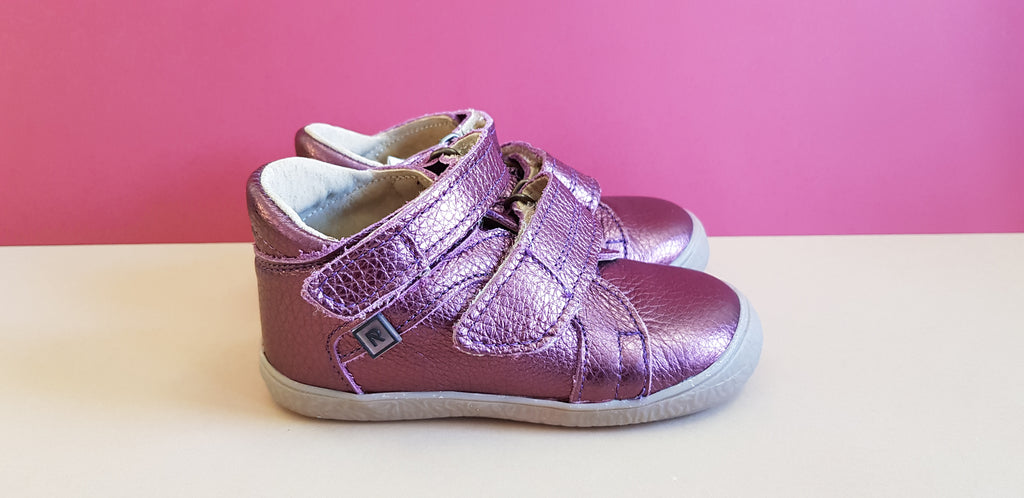 Metallic Purple Handmade High-quality Children Shoes with brown sole, hook-and-loop fasteners and round toe box
