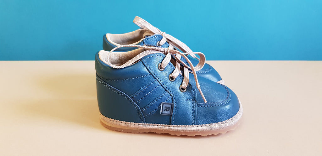 Blue vintage style first walking laced shoes for babies or toddlers with anatomically shaped toe box made from soft leather