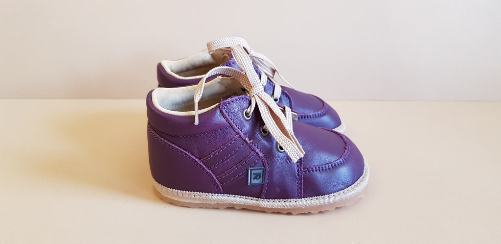 Purple vintage style first walking laced shoes for babies or toddlers with anatomically shaped toe box made from soft leather