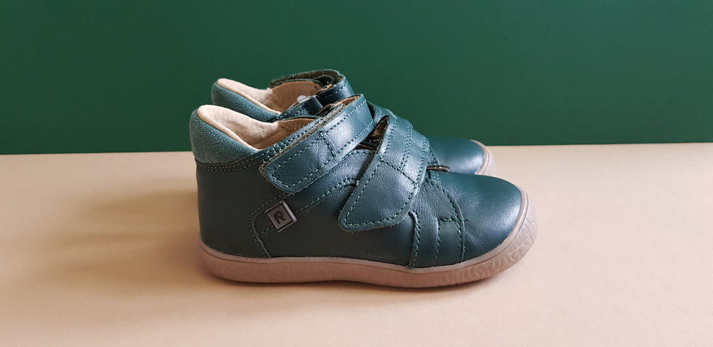 Dark Green Handmade High-quality Kids Shoes with brown sole, hook-and-loop fasteners and round toe box