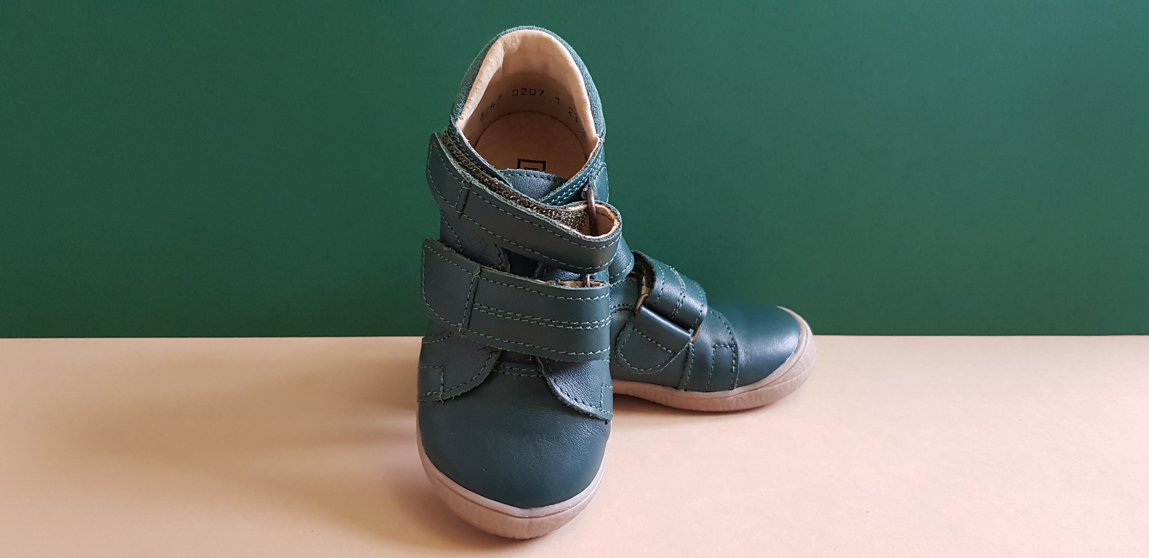 Dark Green Handmade High-quality Kids Shoes with brown sole, hook-and-loop fasteners and round toe box