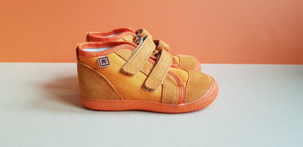 Orange Handmade high-quality canvas and leather children shoes with orange sole, hook-and-loop fasteners and round toe box