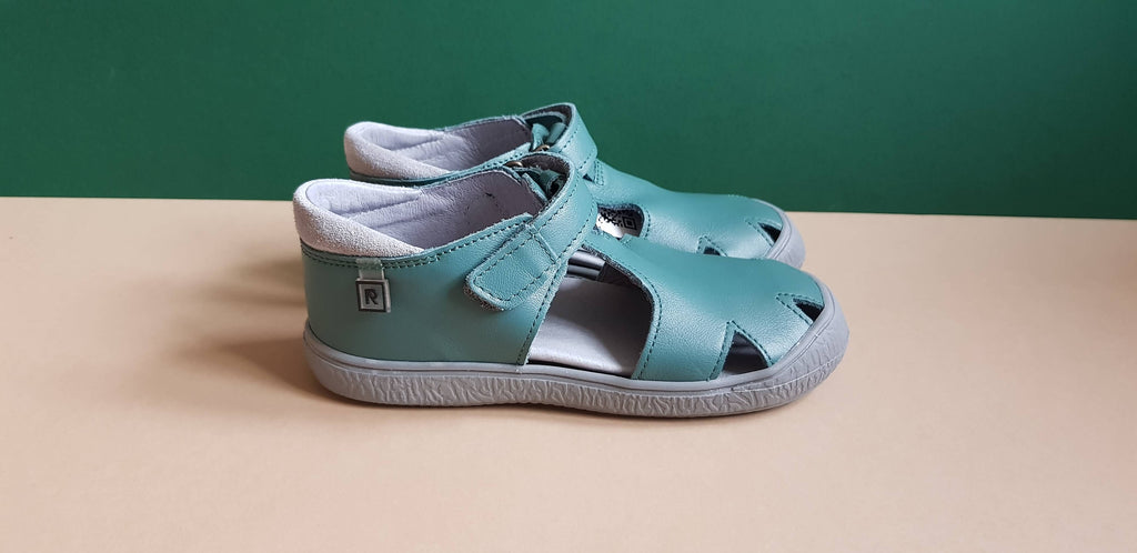Sage Green Handmade high-quality soft leather kids sandals with grey sole, hook-and-loop fasteners and round toe box