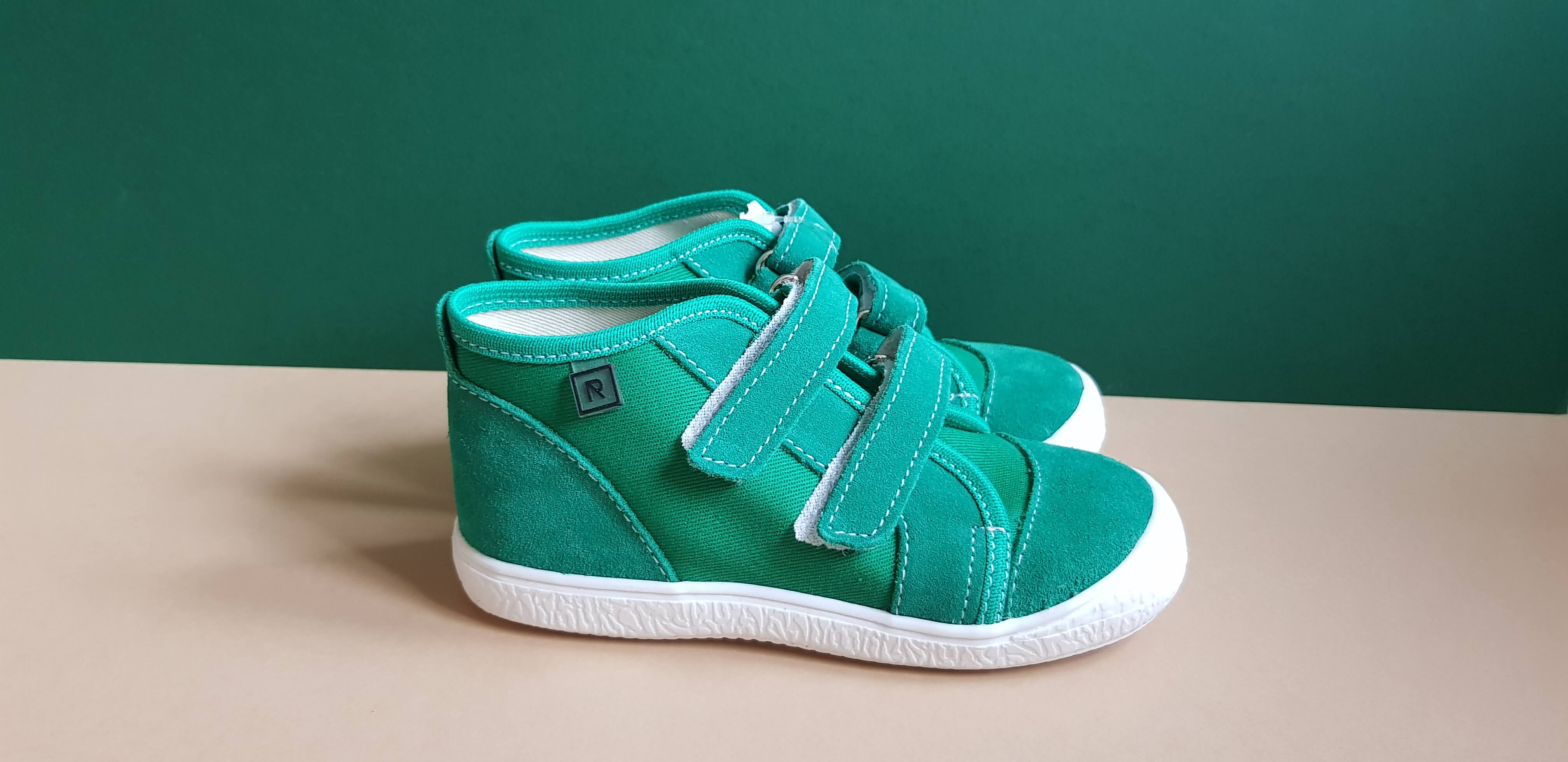 Green Handmade high-quality canvas and leather kids shoes with white sole, hook-and-loop fasteners and round toe box