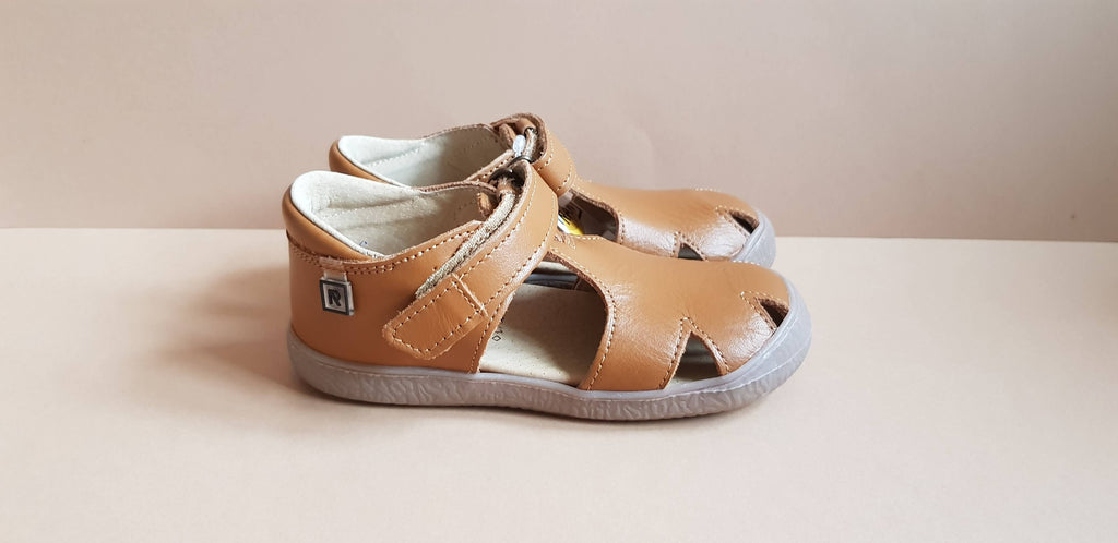 Tan Handmade high-quality soft leather kids sandals with brown sole, hook-and-loop fasteners and round toe box