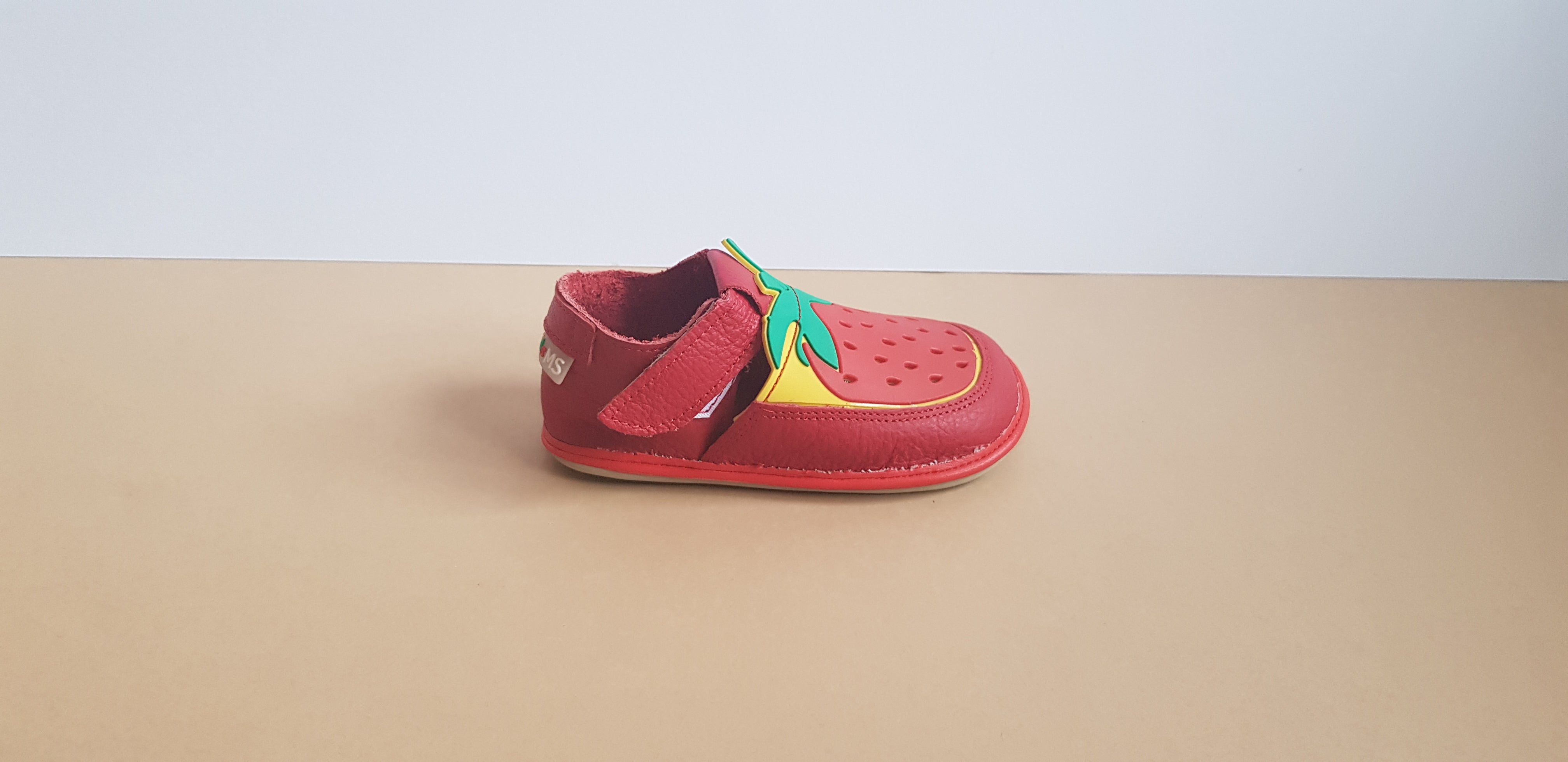 Barefoot Leather Flexible Kids shoes anatomically shaped with a strawberry motive