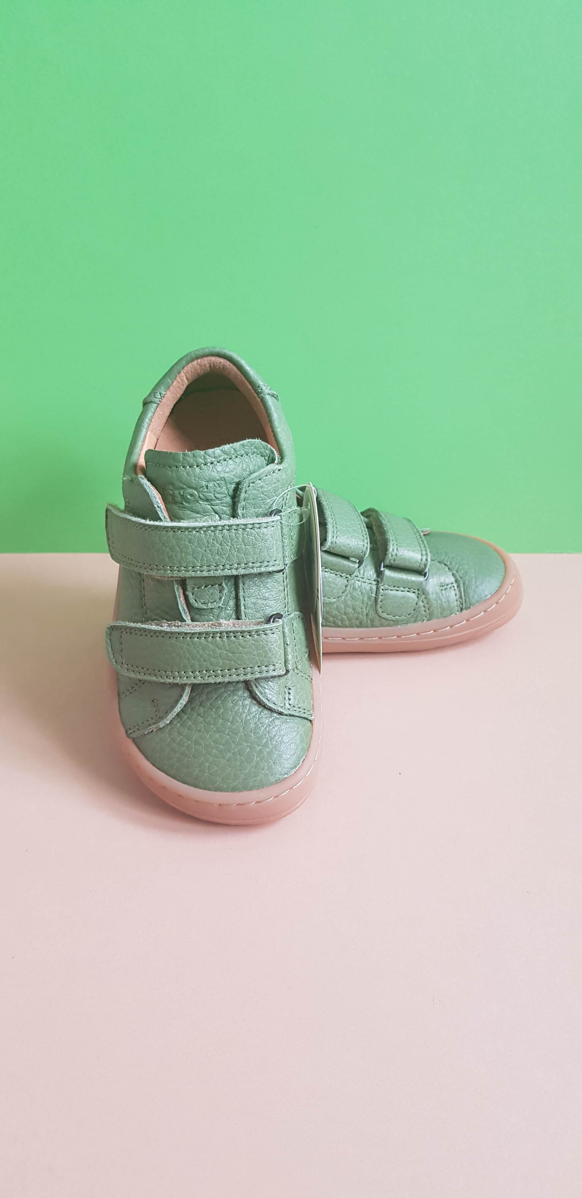 Barefoot Leather shoes with velcro - Olive green