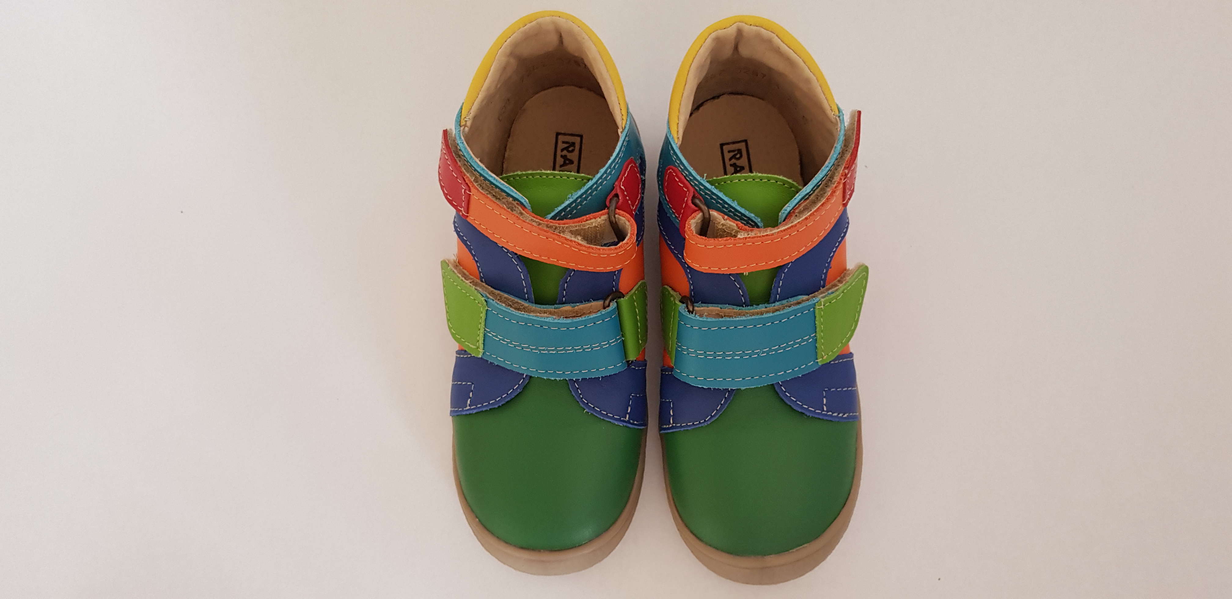 Colourful, Rainbow Handmade High-quality Leather Children Shoes with hook-and-loop fasteners and round toebox viewed from top